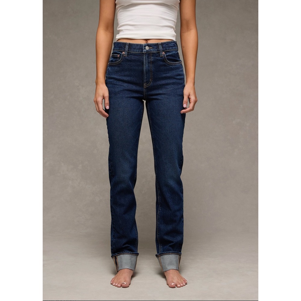 AMERICAN EAGLE $60 Womens 8 Dark Wash Cuffed Super High Rise Straight Jeans GG6